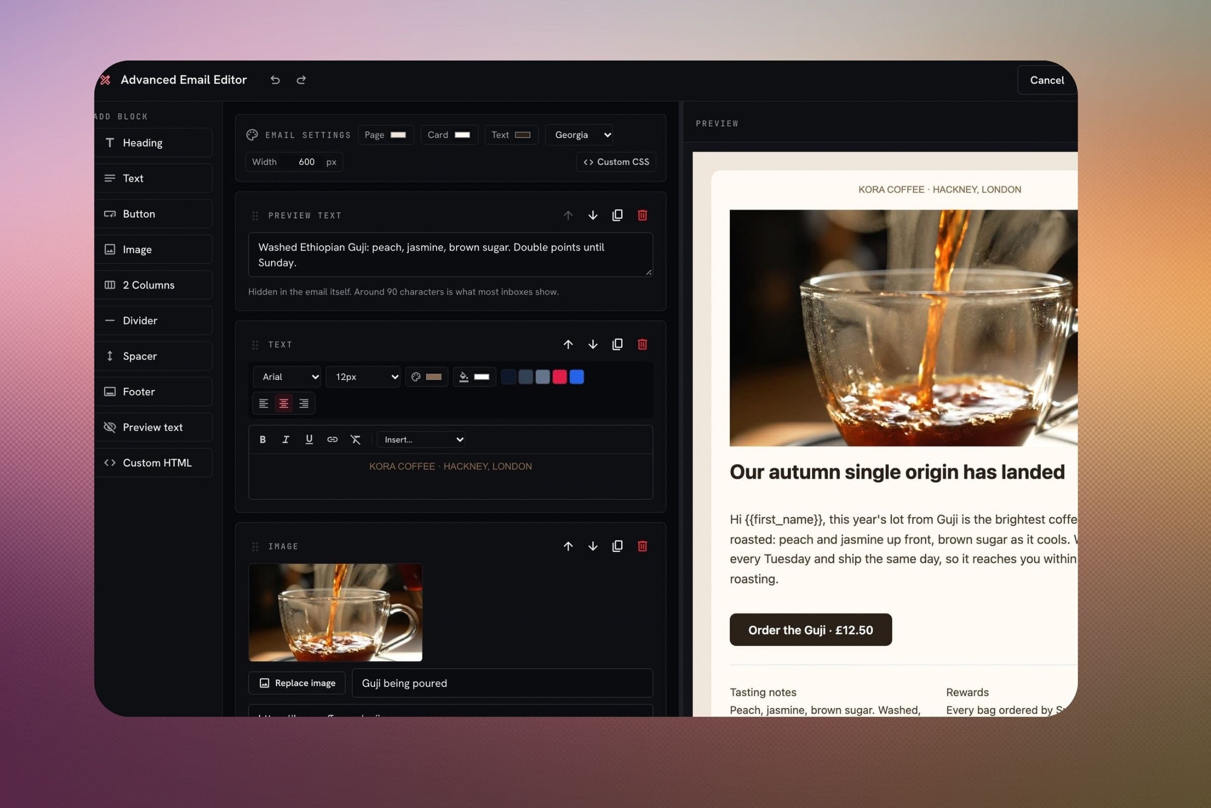 The email editor with a Kora Coffee campaign and a live preview beside it