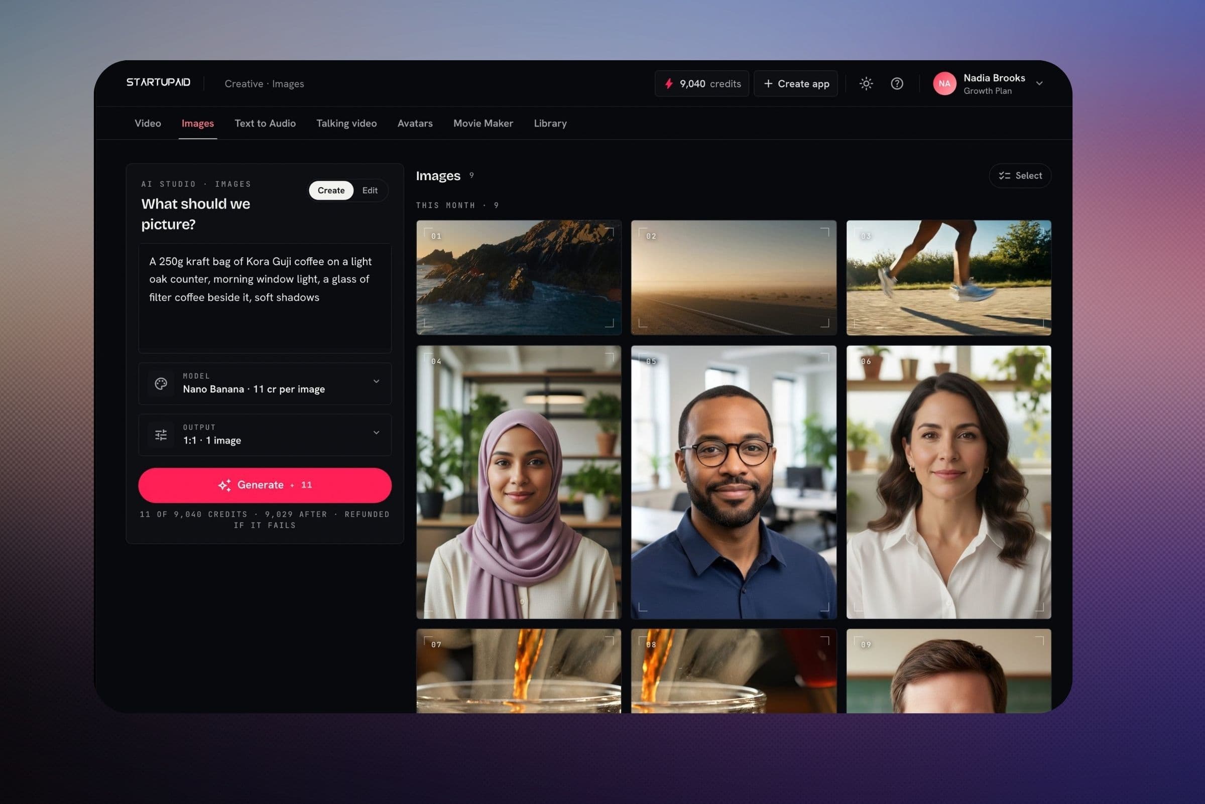 The image studio with a prompt and a grid of generated images