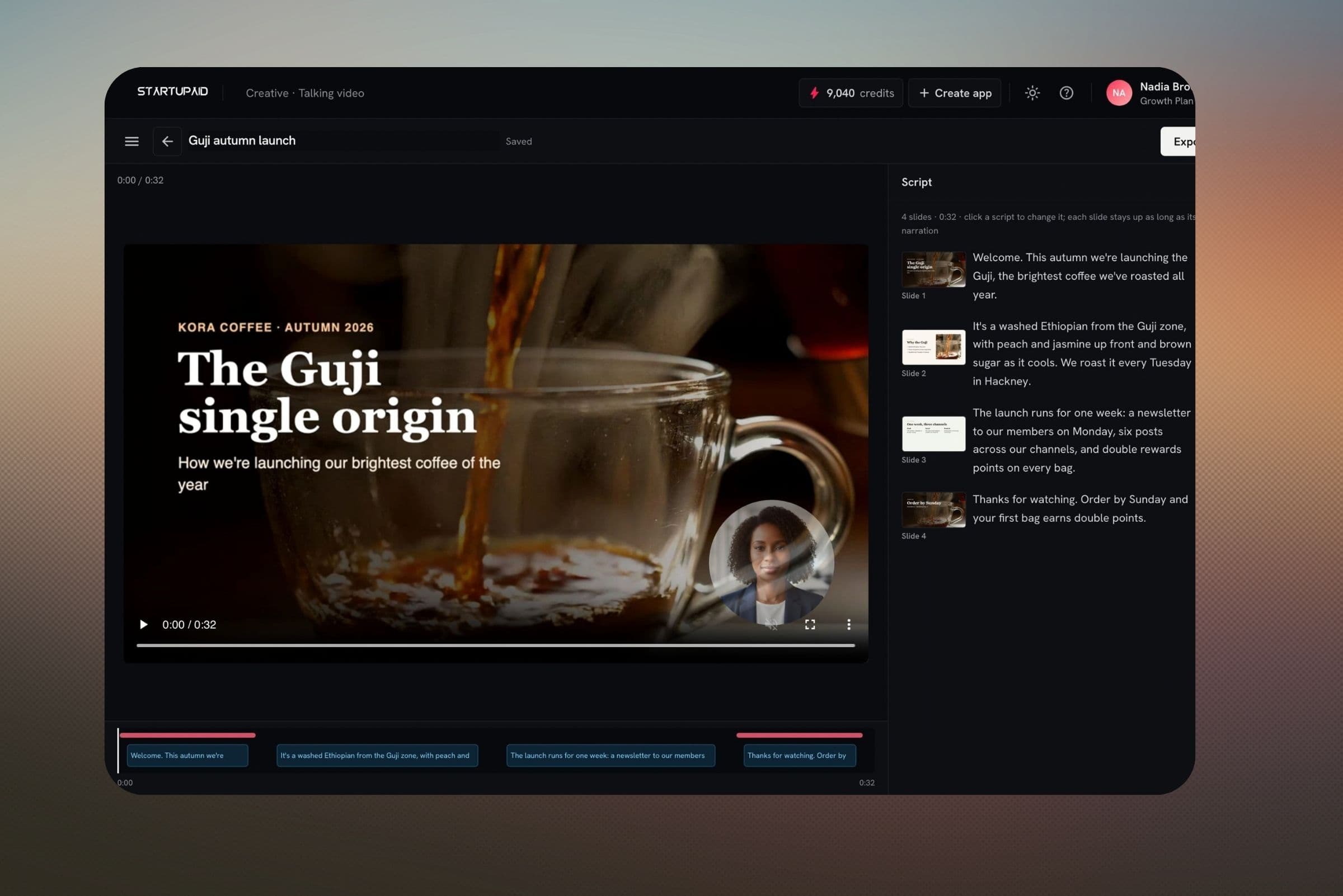 Slides to Video: a deck's title slide with a presenter bubble, and a script beside each slide