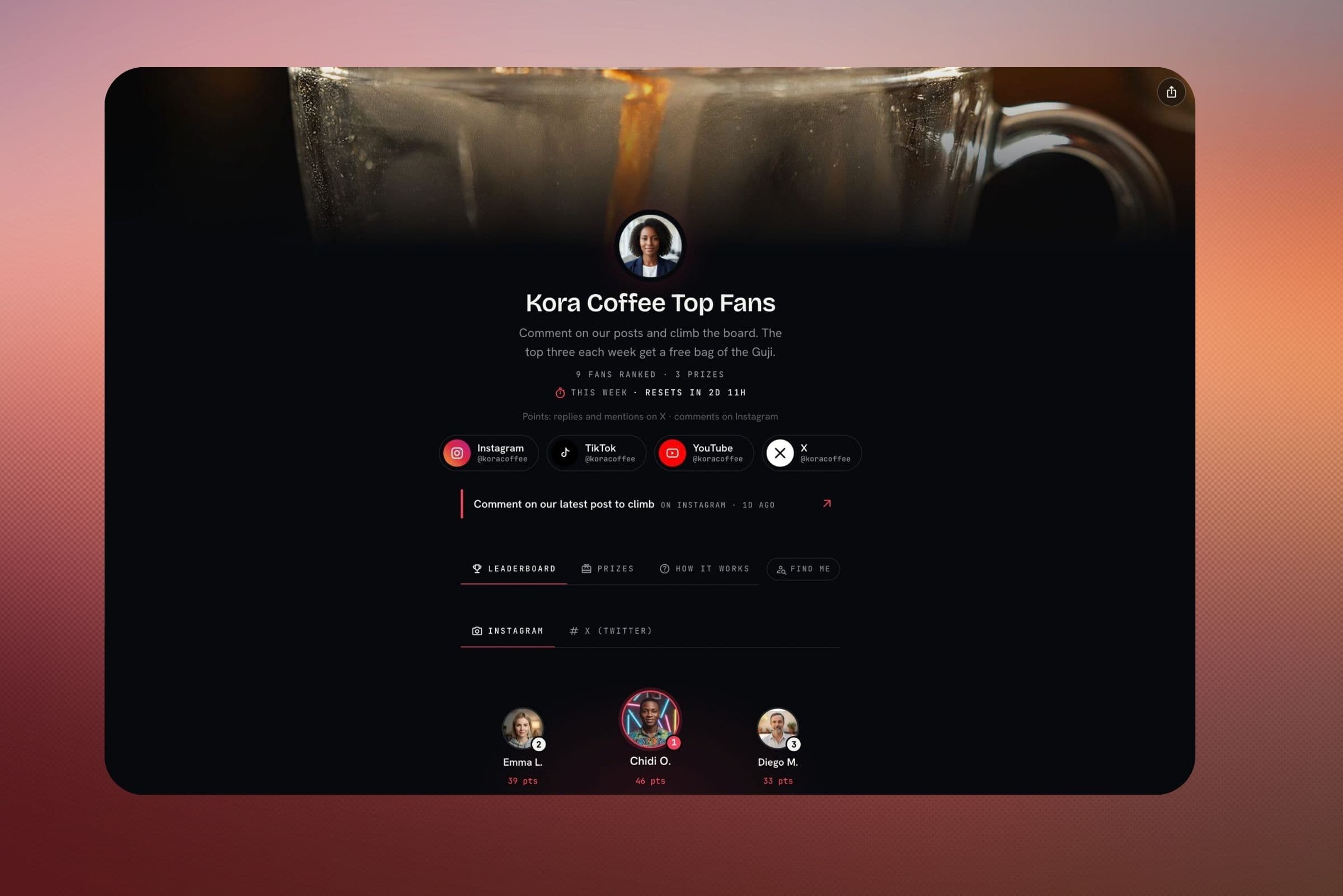 A Top Fans page: profile and follow buttons, this week's season, and the top three fans on Instagram